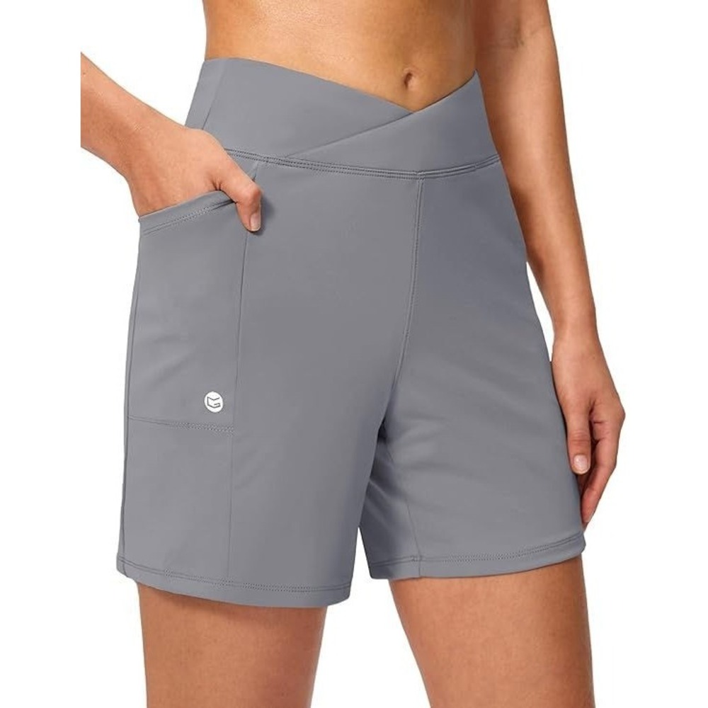 G Gradual Women's High Waist 6" Athletic Shorts w/ Pockets - Twilight Grey - L